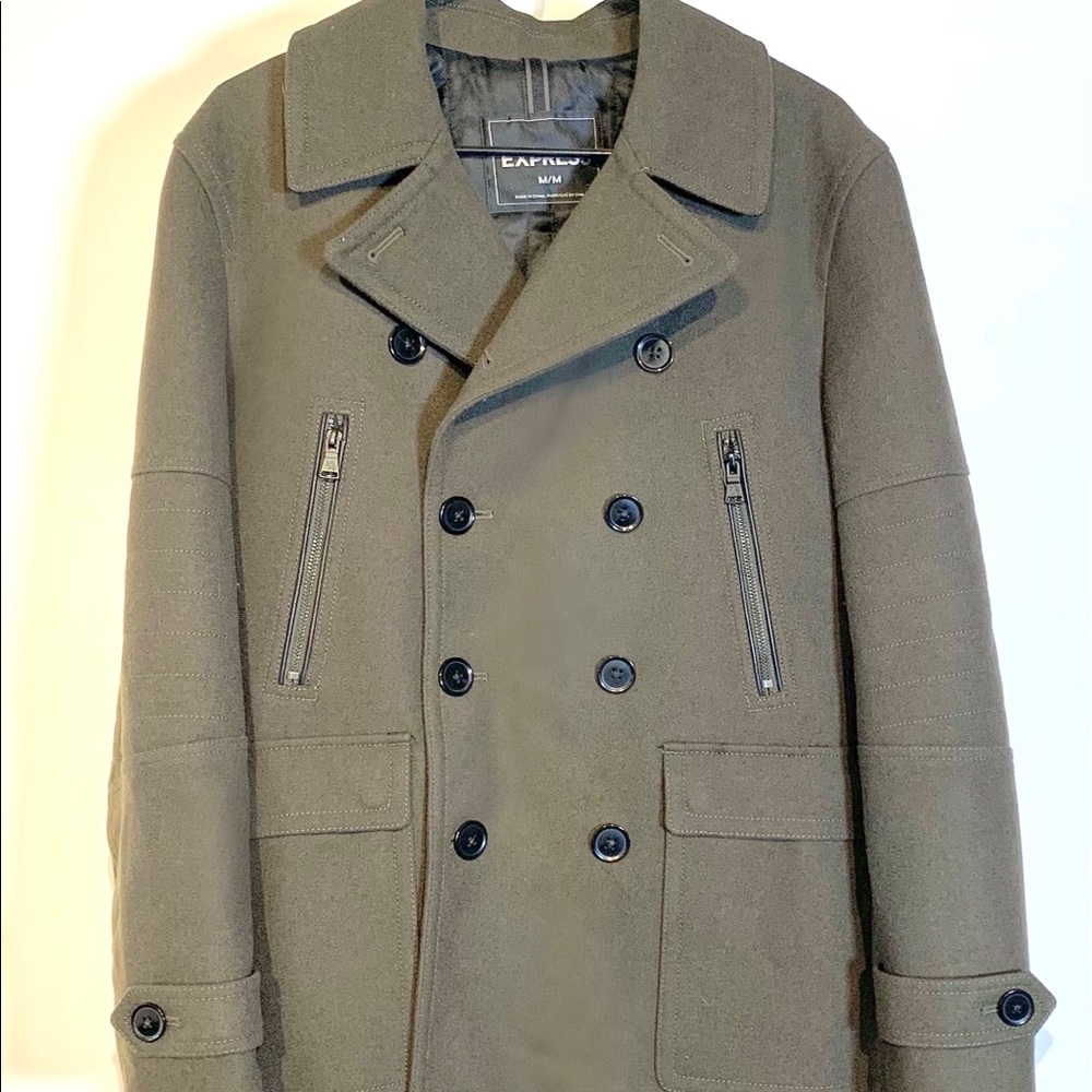 Express Men's Olive Green Double-Breasted Pea Coat